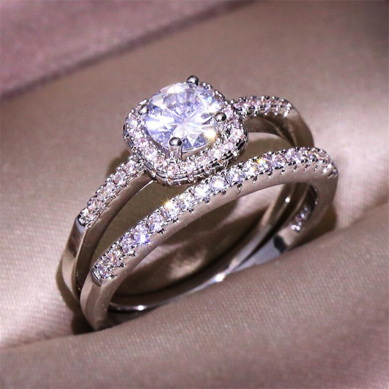 Couple Rings Luxury Jewelry 925 Sterling Silver Round Cut 5A Cubic Zirconia CZ Diamond Eternity Party Women Wedding Bridal Ring Set Gift