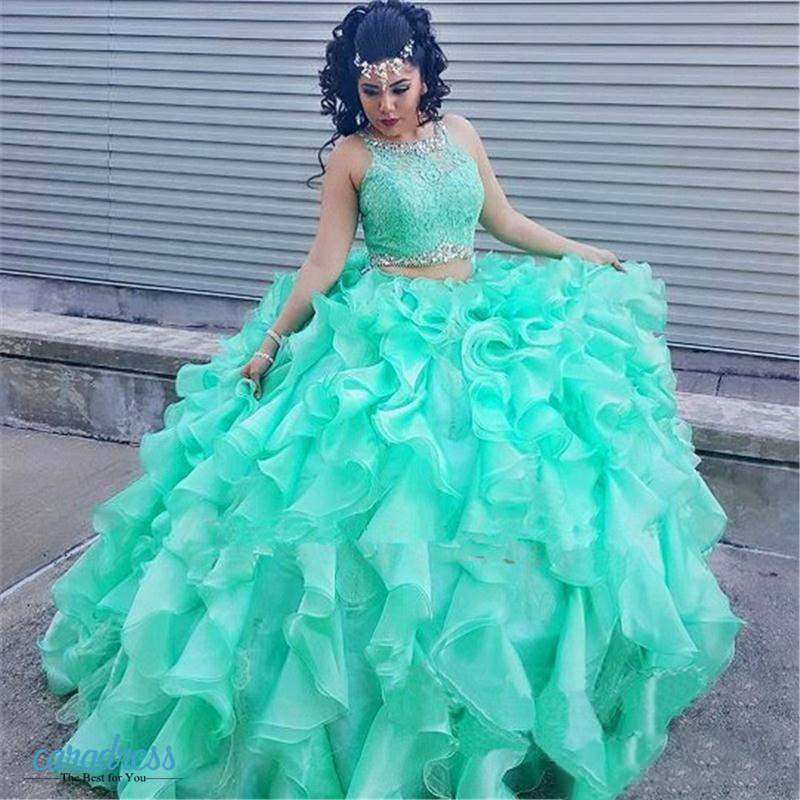 2015 Mint Masquerade Quinceanera Dresses 2 Piece Ball Gown Prom dress Princess Puffy Ruffles Organza lace Sweet 16 Dresses Vestidos 15 anos
