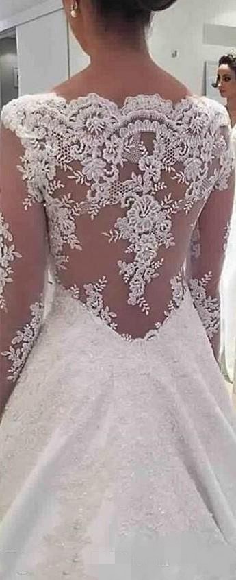 Modest Long Sleeves Dresses Scalloped V Neck Lace Applique Sweep Train Illusion Bodice Satin Wedding Gown Vestido De Novia 403 Estido Estido