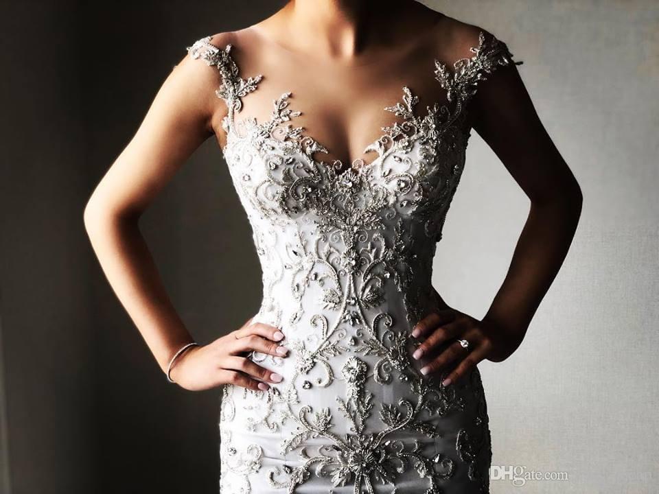 Gorgeous Beaded Lace Arabic Wedding Dresses With Detachable Train Sheer Neck Mermaid Bridal Dresses Tulle Vintage Sexy Wedding Gowns