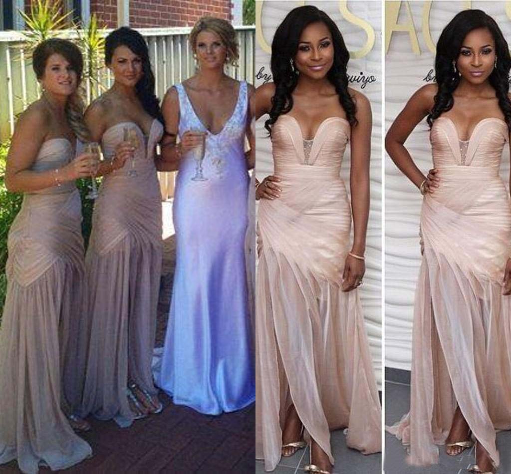 Cheap Nude Mermaid Boho Bridesmaid Dress V Neck Pleats Side Slit Sexy Maid Of The Bride Evening Gowns Formal Ocn Wear 0521