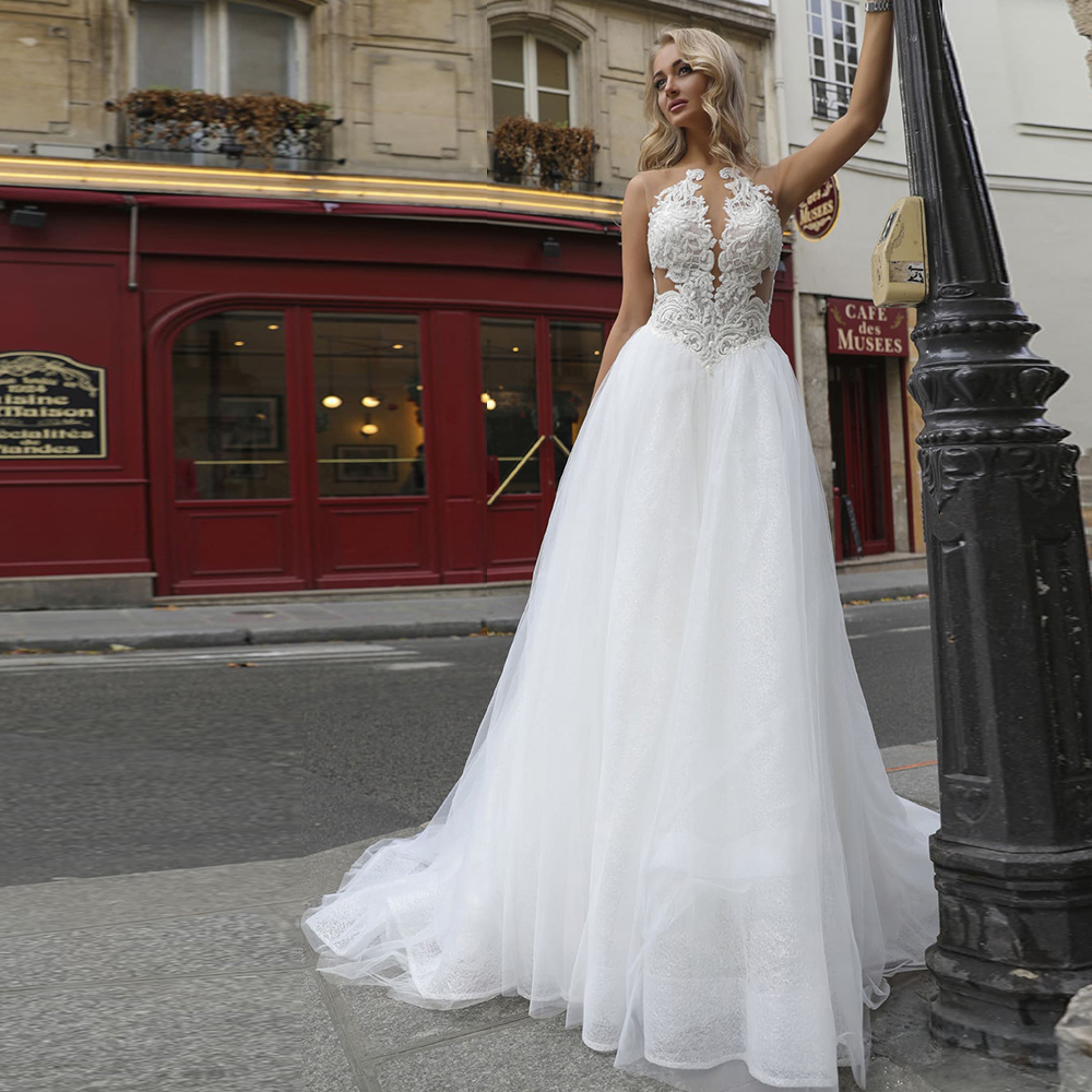 Lace Stunning Beach Backless Wedding Dresses Sheer Bateau Neck A E Beaded Bridal Gowns Sweep Train Tulle Robe De Mari E