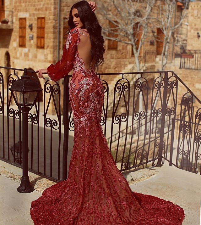 Ebi Arabic Aso Red Mermaid Evening Dresses Beaded Long Sleeve Illusion Lace Prom Dress Sexy V Neck Formal Party Pageant Gowns