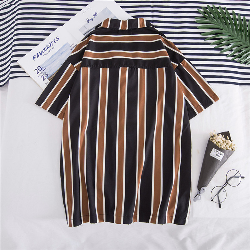 Spring Summer New Hawaii Men Shirts Short Sleeve Blouse Top Male Stripe Print Loose Casual Shirts Mens Beach Shirts FM044