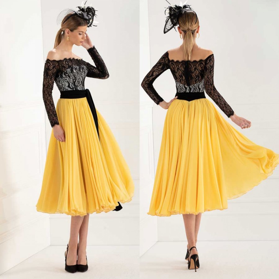 Lace Fashion Long Sleeves Mother Of Bride Dresses Off The Shoulder Evening Gowns Tea Length Chiffon Plus Size Wedding Guest Dress