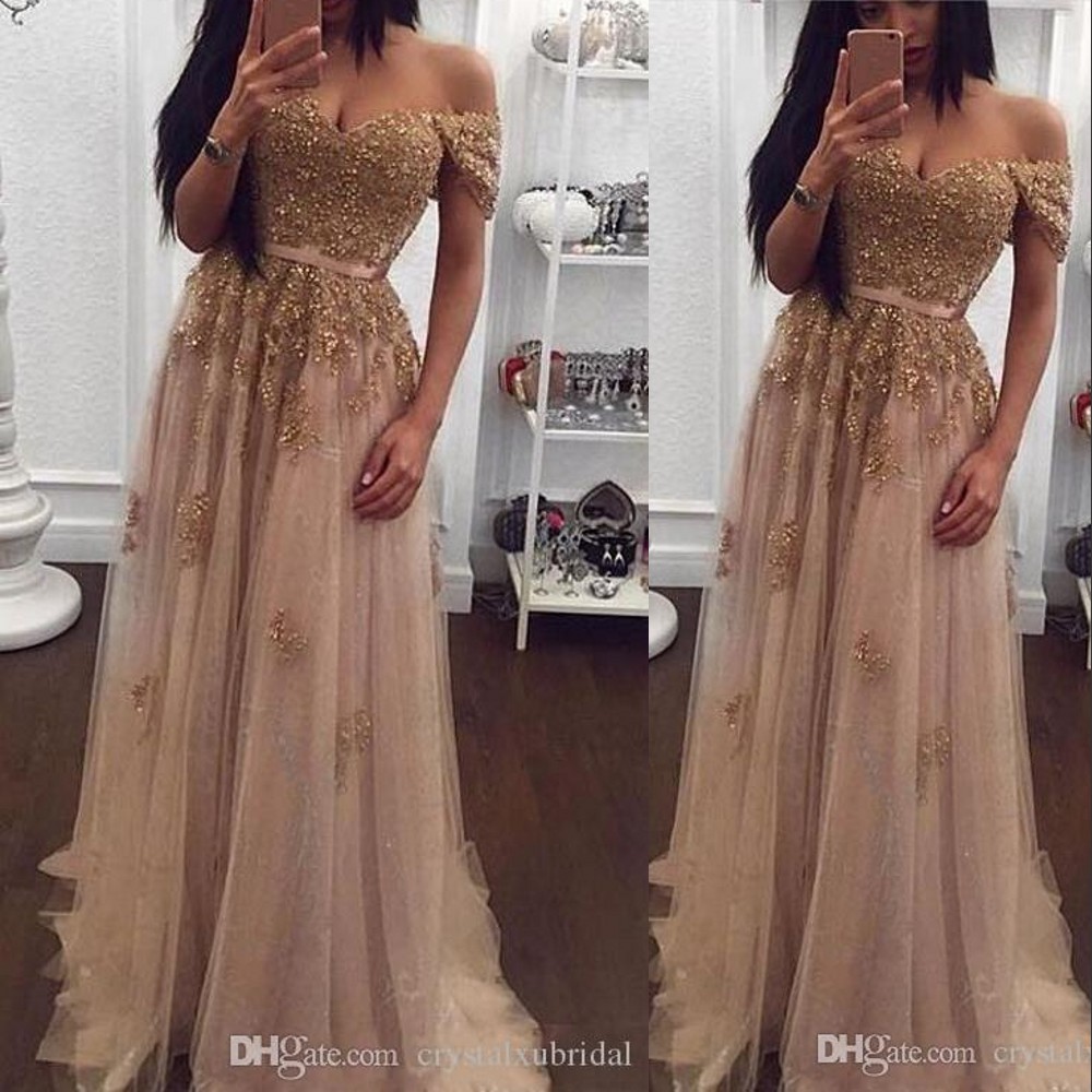 New Evening Dresses Cheap Sexy Off Shoulder Gold Lace Appliques Crystal Beaded Champagne Tulle Short Sleeves Formal Party Dress Prom Gowns, Ivory
New Evening Dresses Cheap Sexy Off Shoulder Gold Lace Appliques Crystal Beaded Champagne Tulle Short Sleeves Formal Party Dress Prom Gowns, Ivory