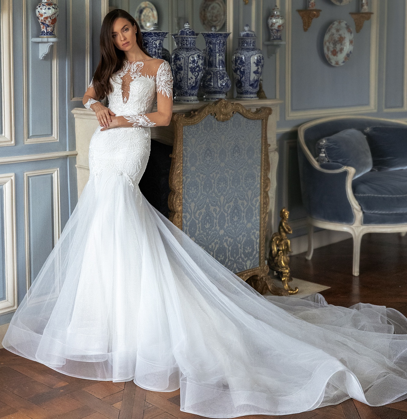 Beaded Classy Mermaid Lace Wedding Dresses Sheer Bateau Neck Plus Size Sequined Long Sleeves Bridal Gowns Sweep Train Robe De Marie