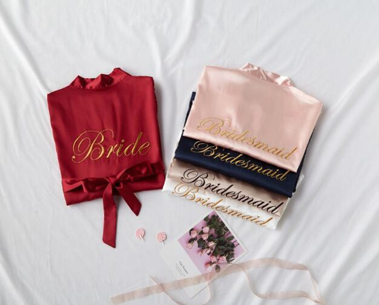 new bride bridesmaid robe with white black letters mother sister of the bride wedding gift bathrobe kimono satin robes