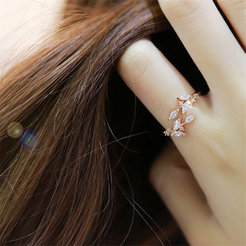 100% 925 Sterling Silver Clear Zircon Leaf Rings For Women Sterling Silver 925 Jewelry Simple Adjustable Statement Ring