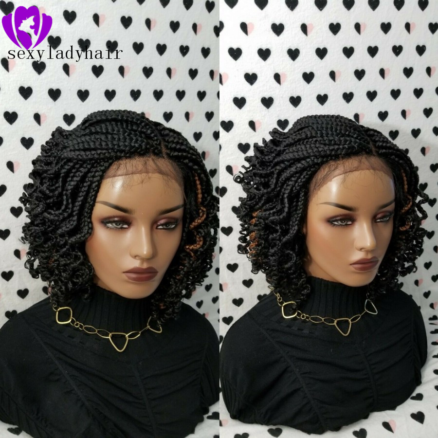 2020 NEW lace frontal short Braided Wigs for Black Women Synthetic Lace Front braids Wig with curly tips Baby Hair