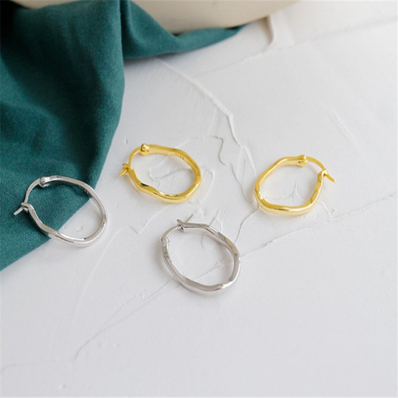 Authentic 925 Sterling Silver Hollow Circle Earrings For Women Girls Geometric Irregular Concave Convex Oval Hoop Earring