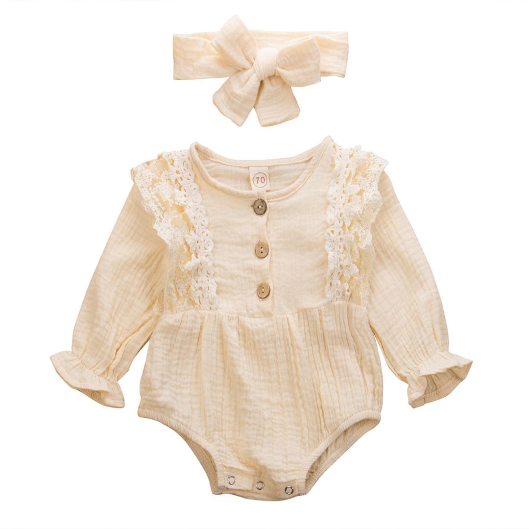 Emmababy 2PCS Newborn Infant Kid Baby Girl Long Sleeve Lace Patchwork Bodysuit Jumpsuit Playsuit Clothes+Headband Autumn