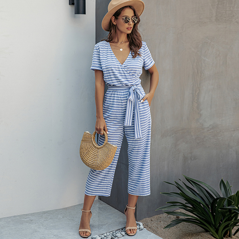 Summer Striped Print Jumpsuits Woman Sexy V-neck Short Sleeve Sashes Fashion Playsuit Casual Slim Wide Leg Rompers Lady Overalls, Blue
Summer Striped Print Jumpsuits Woman Sexy V-neck Short Sleeve Sashes Fashion Playsuit Casual Slim Wide Leg Rompers Lady Overalls, Blue