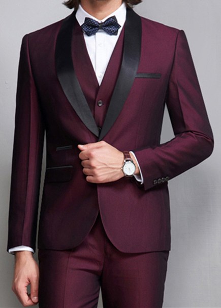 High Quality One Button Burgundy Wedding Groom Tuxedos Shawl Lapel Groomsmen Men Formal Prom Suits (Jacket+Pants+Vest+Tie) W183