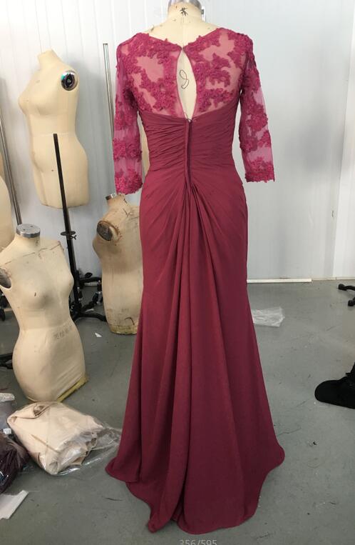 Elegant Maroon Mother Dresses Scoop Neckline 3/4 Long Sleeves Floor Length Lace Chiffon Formal Gowns Wedding Party Dresses