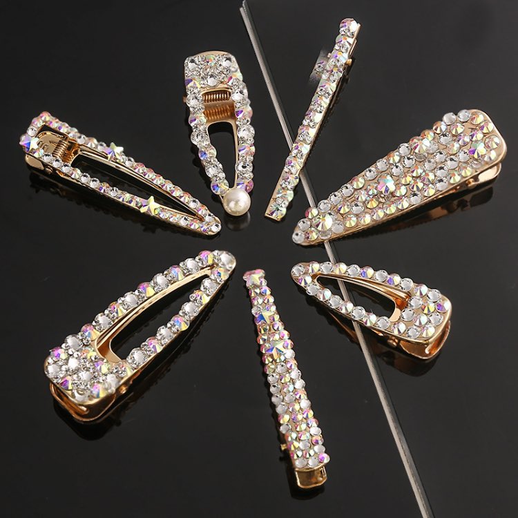 Bing Women Hair Clips With Rhinestones Water Drop Girls Duckbill Clip INS Bangs Hairpin Full diamond Super Flash