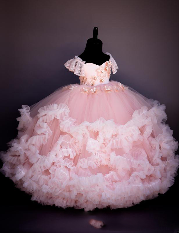 Pink Lace Beaded Flower Girl Dresses Ball Gown Hand Made Flowers Cheap Little Girl Wedding Dresses Vintage Girl Dresses Gowns