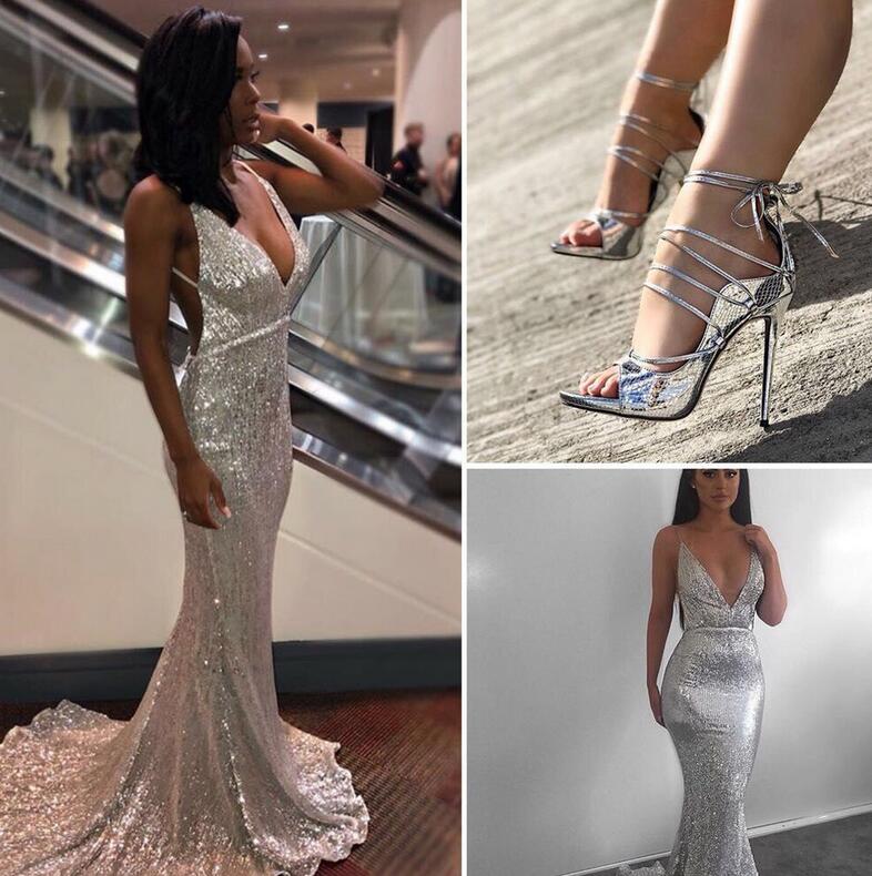 Glitter Sequined Silver Prom Dresses Long Maxi Party Gowns Stretch Navy Blue Sequin Backless V Neck Evening Formal Dress Cheap