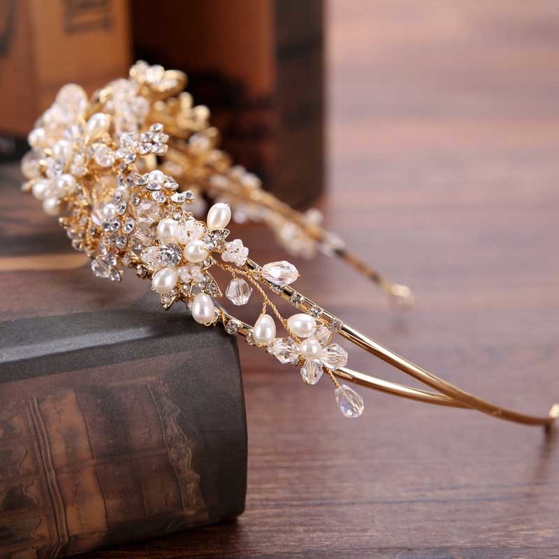 Vintage Gold Pearl Rhinestone Leaf Bride Tiaras Headband Hairband Bridal Hair Jewelry Head Piece Wedding Crown Accessories SL CJ191226