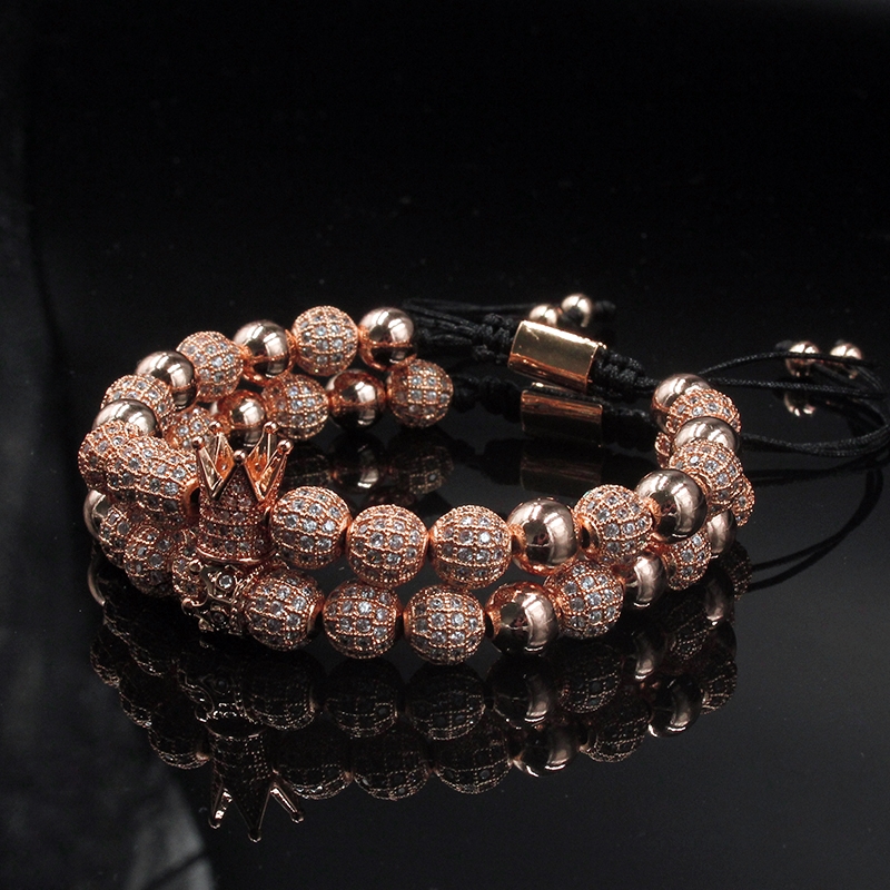 Men BraceletsLuxury Crown Charm 8mm Micro Pave CZ Round Braided Macrame Bracelet Pulseira Feminina Handmade Jewelry Women Gift Valentine's Day Ho
