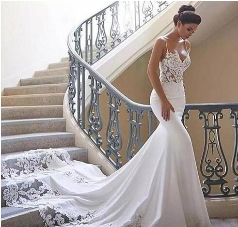 Berta Fall Cheap mermaid wedding dresses Sexy Spaghetti Straps Illusion Top Lace Bridal Dress Boho Country Slim Long Train Backless Beach
