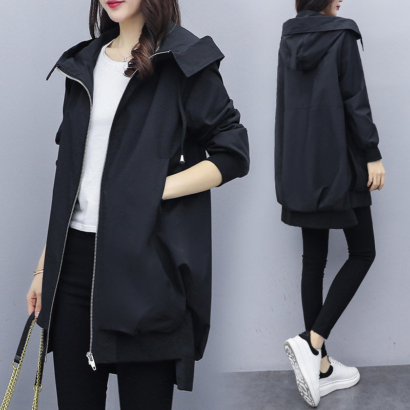 Women's Trench Coats Spring Hooded Loose Womens Long Windbreakers Woman Casual Solid Female Black/Khaki Overcoat Women Outwear
