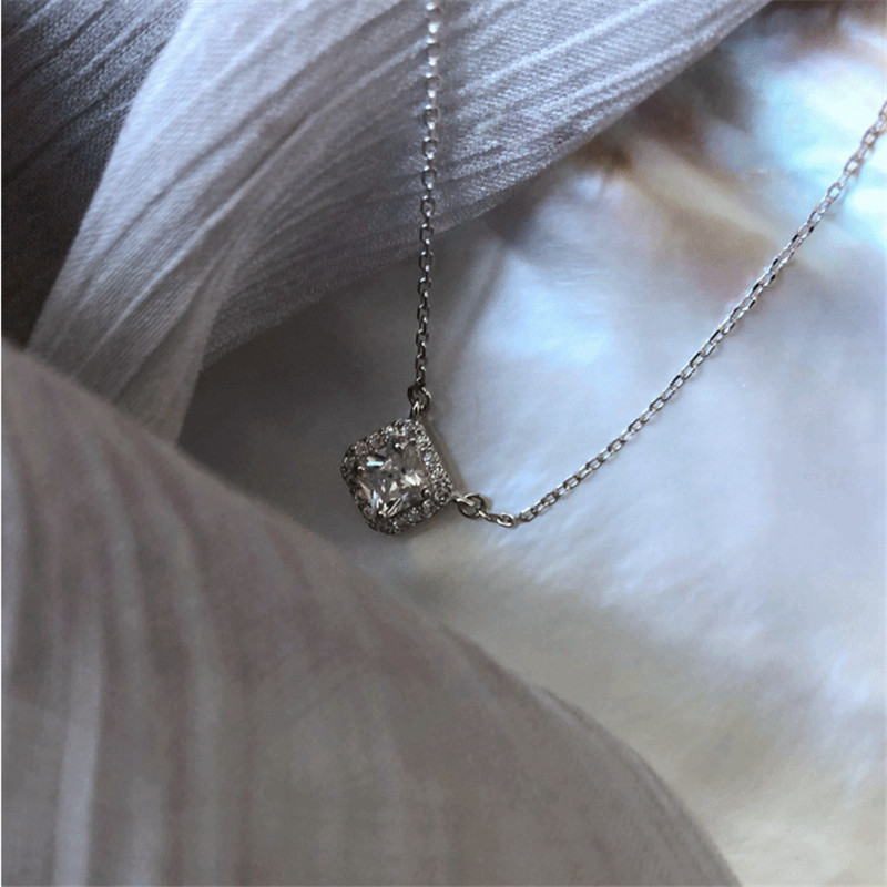 New Simple 925 Sterling Silver Necklaces&Pendants Authentic Silver White CZ Zircon Square Pendant Necklace For Women