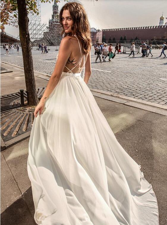 papilio boho wedding dresses spaghetti straps lace applique bridal gowns backless robe de marie summer beach wedding dress side split