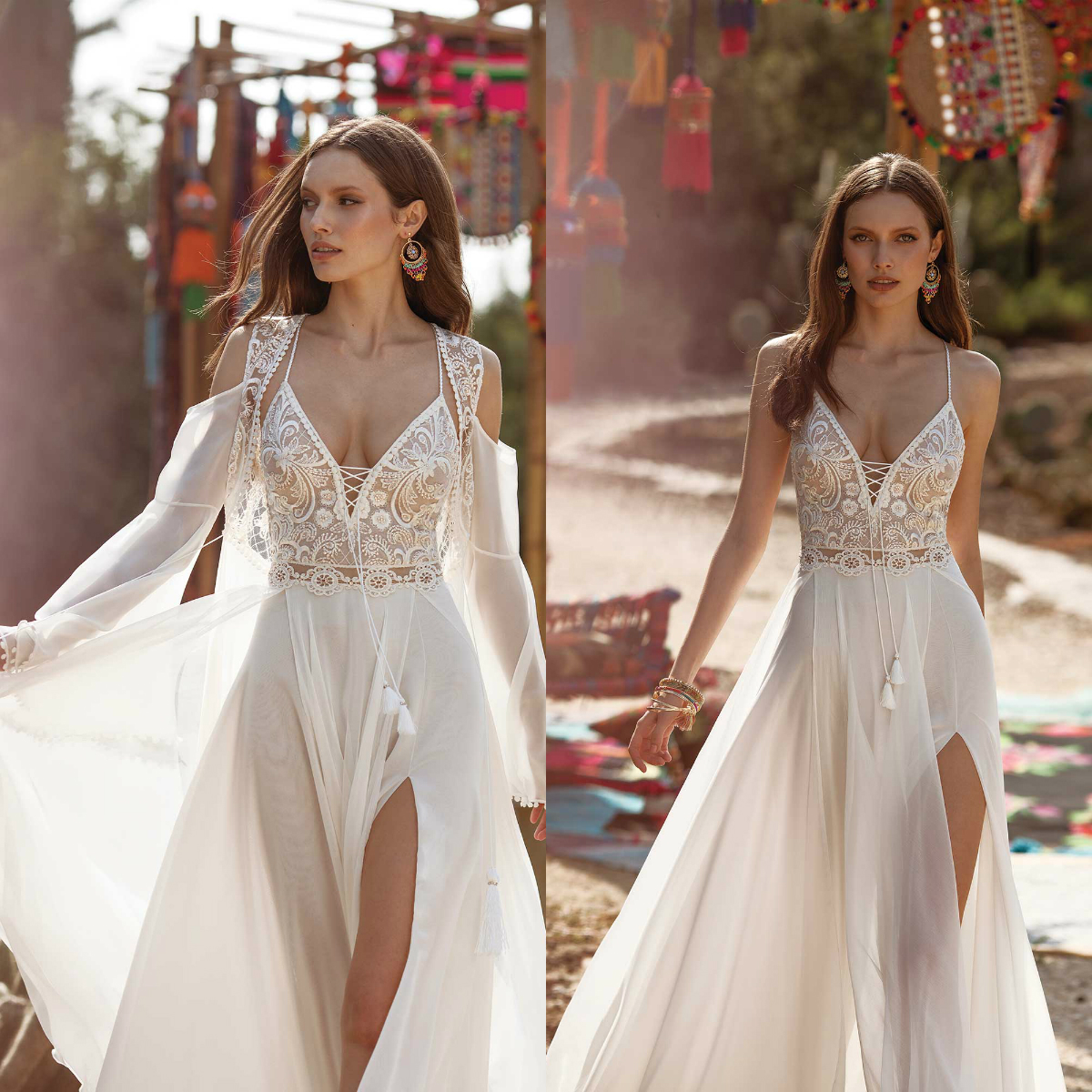Asaf Dadush 2020 Split Tassel Wedding Dresses With Wrap Lace Appliqued Beach Spaghetti V Neck A Line Bridal Gowns Vestido De Novia