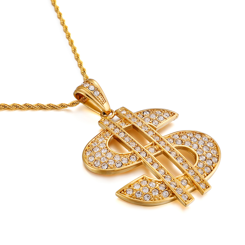 Men's Hip Hop Dollar Sign Pendants Necklace 316L Stainless Steel Full Cubic Zirconia Setting 18K Gold Plated Jewelry