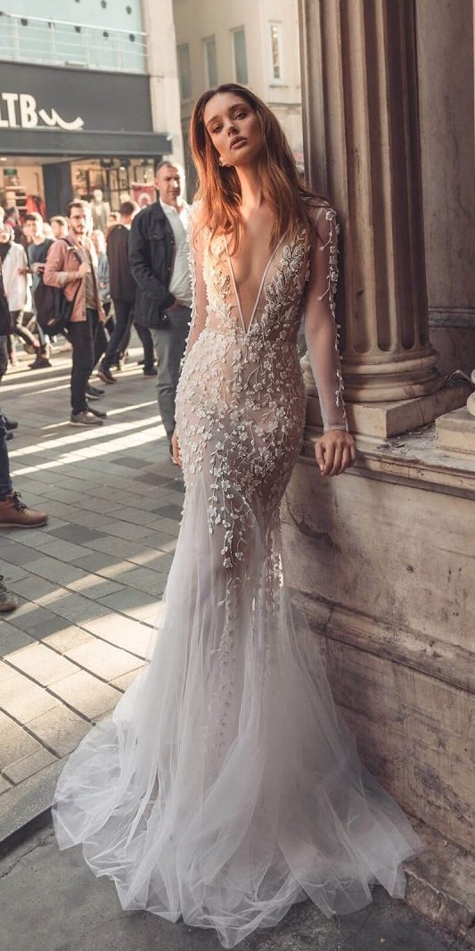 long sleeve mermaid dresses with detachable train lace appliqued beach wedding gowns backless deep v neck robes de marie