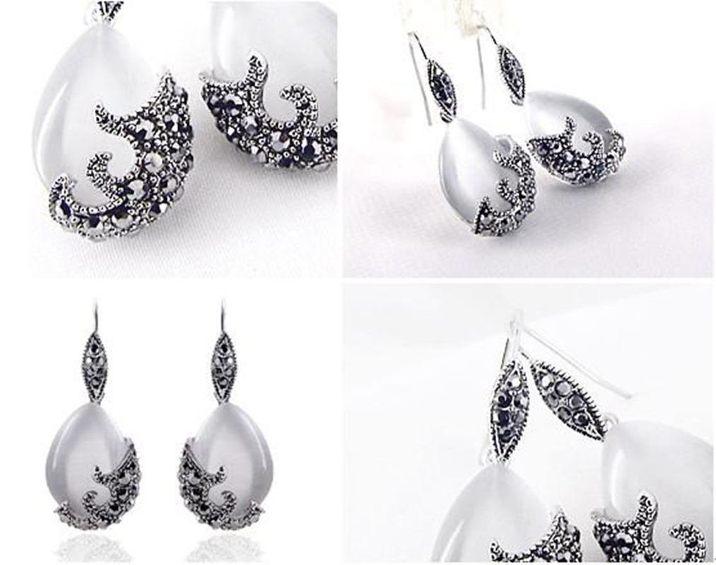 Antique Silver Plated Opal Drop Pendant Necklace and Earrings Jewelry Sets
