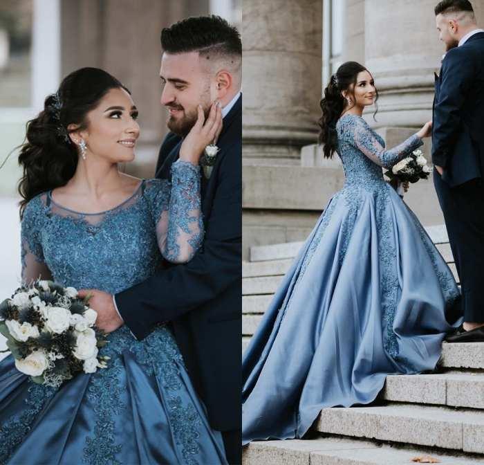 Blue Quinceanera Dresses Long Sleeves Illusion Lace Applique Satin Beaded Sweep Train Scoop Neck Sweet Party Prom Ball Gown Free Shipping
