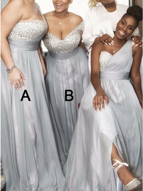 mismatch Top Beaded Grey bridesmaid dresses One Shoulder Floor Length Chiffon Silver south africa Ruffled Long Slit Prom Gown For Cheap 2019