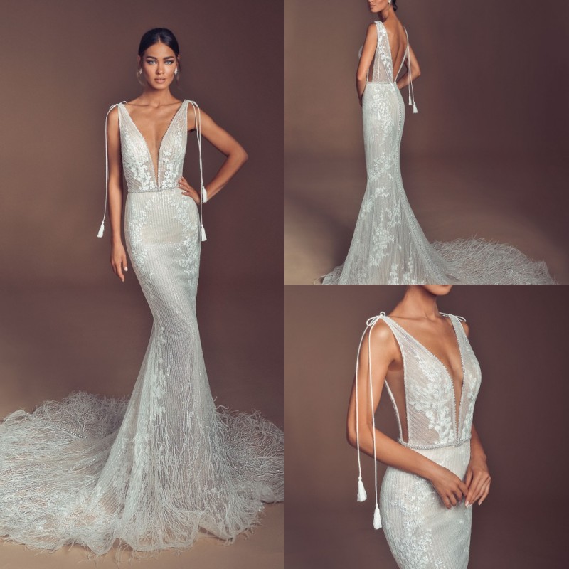 elihav sasson beading wedding dresses deep v neck luxury feather lace wedding dress bridal gowns backless beach country wedding dress