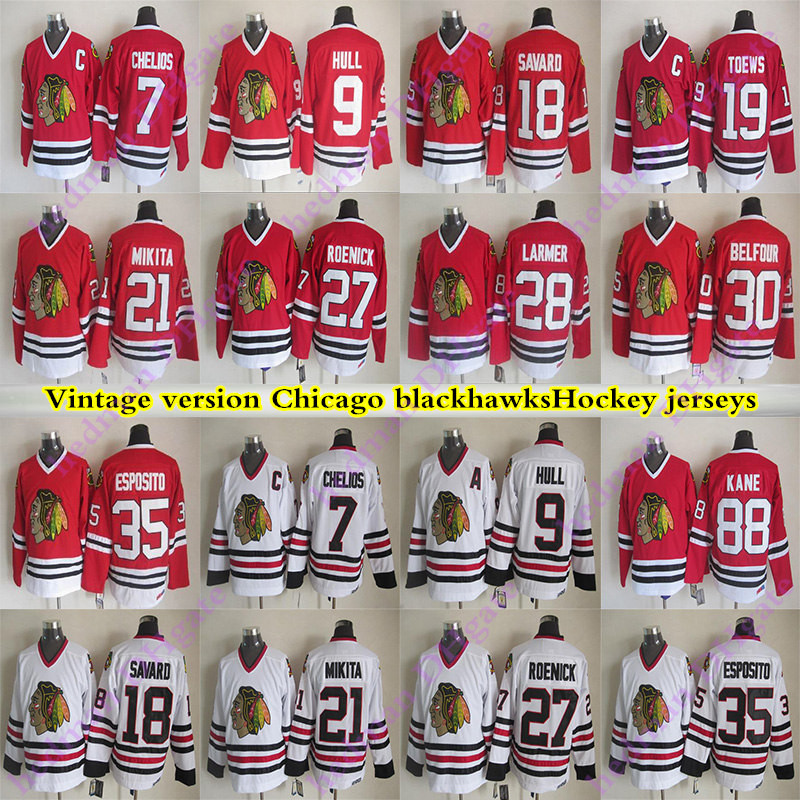 Men's Chicago blackhawks Vintage version jerseys 88 KANE 19 TOEWS 7 CHELIOS 21 MIKITA 9 HULL 35 ESPOSITO 27 ROENICK CCM Hockey jersey, Black;red
Men's Chicago blackhawks Vintage version jerseys 88 KANE 19 TOEWS 7 CHELIOS 21 MIKITA 9 HULL 35 ESPOSITO 27 ROENICK CCM Hockey jersey, Black;red