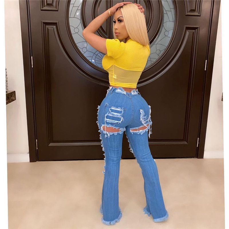 XL Women blue bell-bottom strethy jeans washed ripped holes denim pants trendy flared Pants fashion black high waist leggings 3265