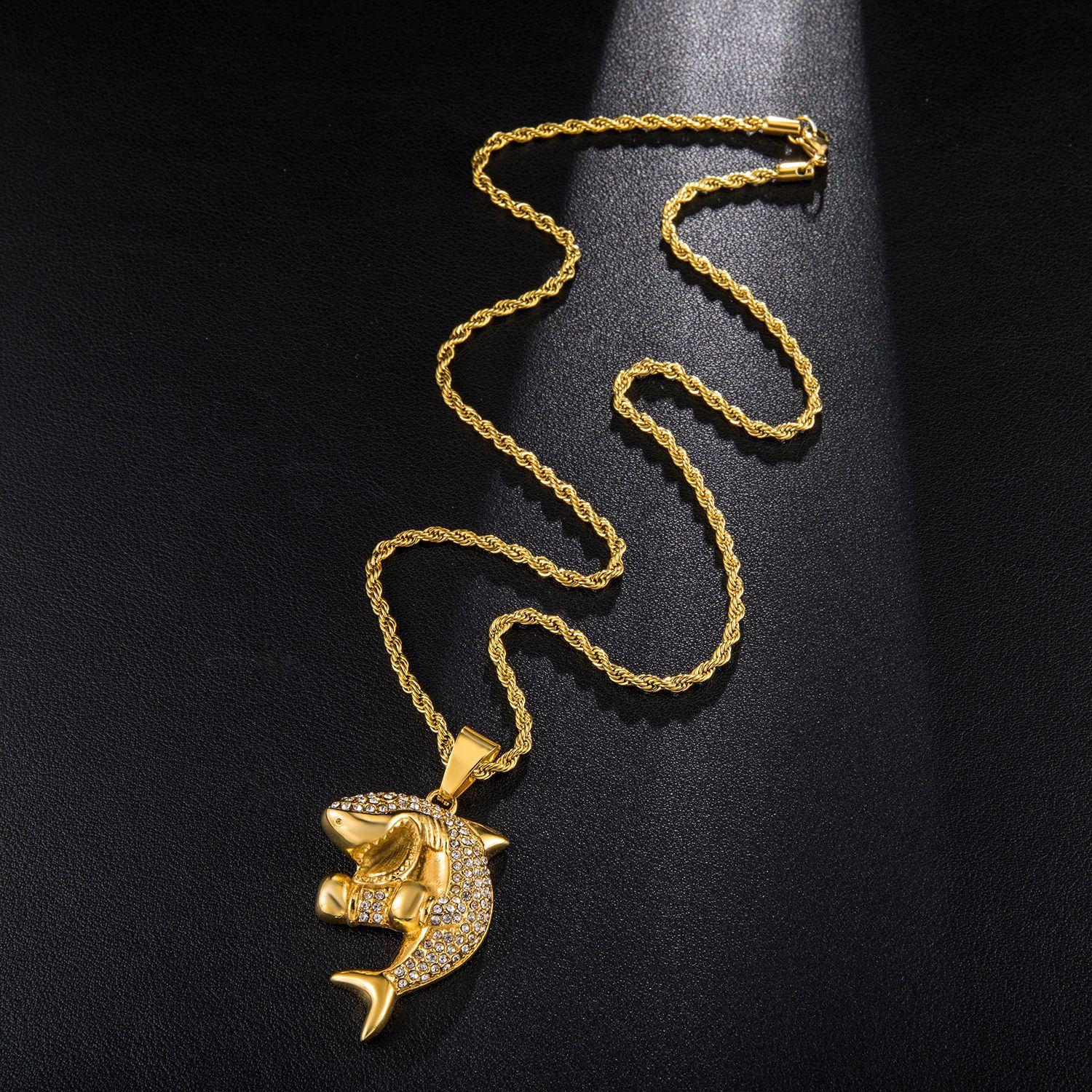 New Fashion Gold Plated Stainless Steel Bling Diamond Mens Shark Pendant Chain Necklace personalized Hip Hop Rapper Jewelry Gifts for Men