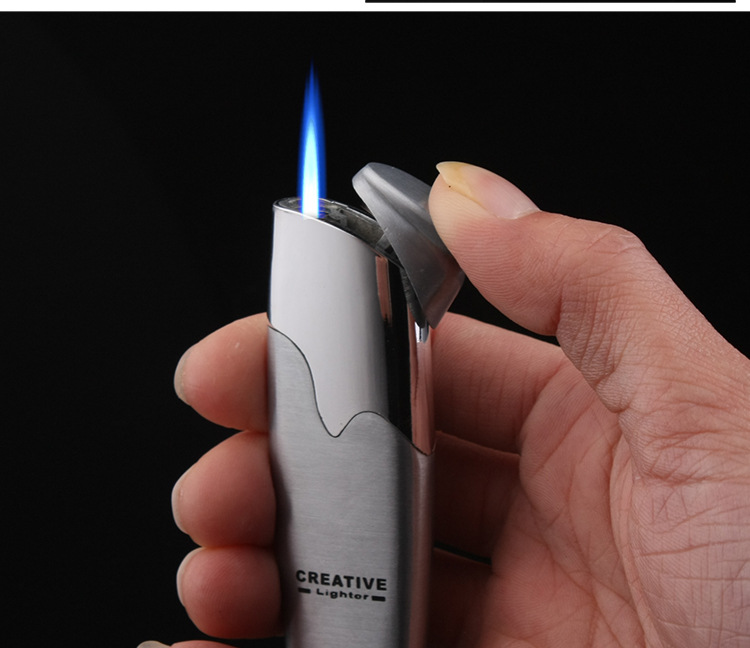 New Arrival Ultra Thin Metal Texture Inflatable Windproof Straight Lighter Blue Flame Creative Personality Jet Torch W260202