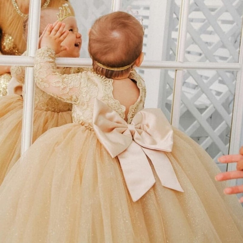 Modest Lovebabyj Ball Gown Flower Jewel Neck Long Sleeve Wedding Party Tulle Lace Applique Floor Length Princess Girl Dress 0508