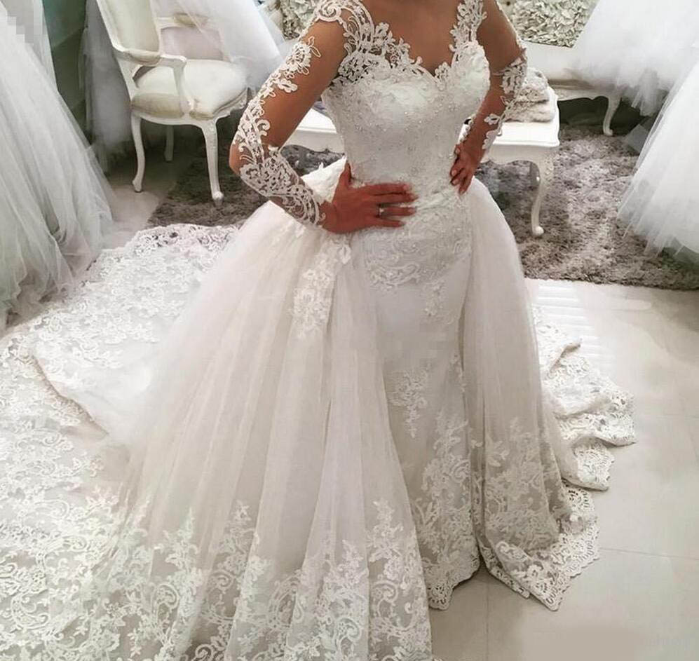 Vintage Long Sleeve Mermaid Wedding Dresses With Detachable Train V Neck Crystal Bridal Dress Full Lace Applique Backless Wedding Gowns 2020