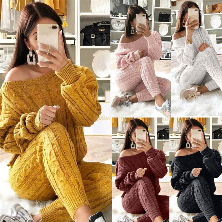Casual Solid Women Pant Suits Ladies Off Shoulder Cable Knitted Warm 2Pc Loungewear Set Female Suit High Quality B4