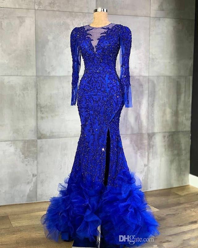 2020 Mermaid Prom Dresses Sheer Jewel Neck Beaded Crystal Appliqued Illussion Long Sleeve Cocktail Party Dress Custom Made Evening Gowns