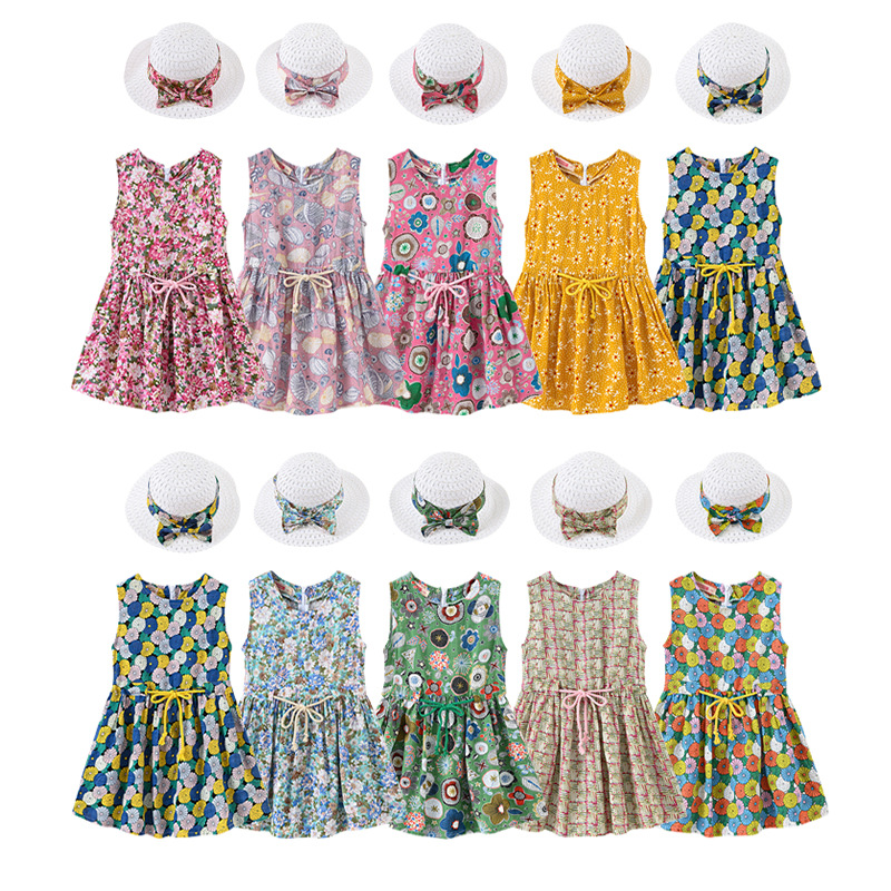 Summer Girl Floral Dress Hats Set Sundress Sleeveless Print Dresses + Printed Bow Sun Caps 2pcs/set Child Beach Flower Skirts Outfits M1412