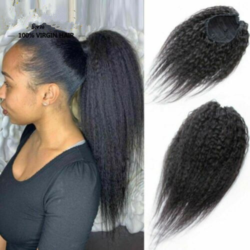 Yaki Kinky Straight Human Hair Ponytail African american coarse yaki Puff pony tail Drawstring Clip in Hair Extensions