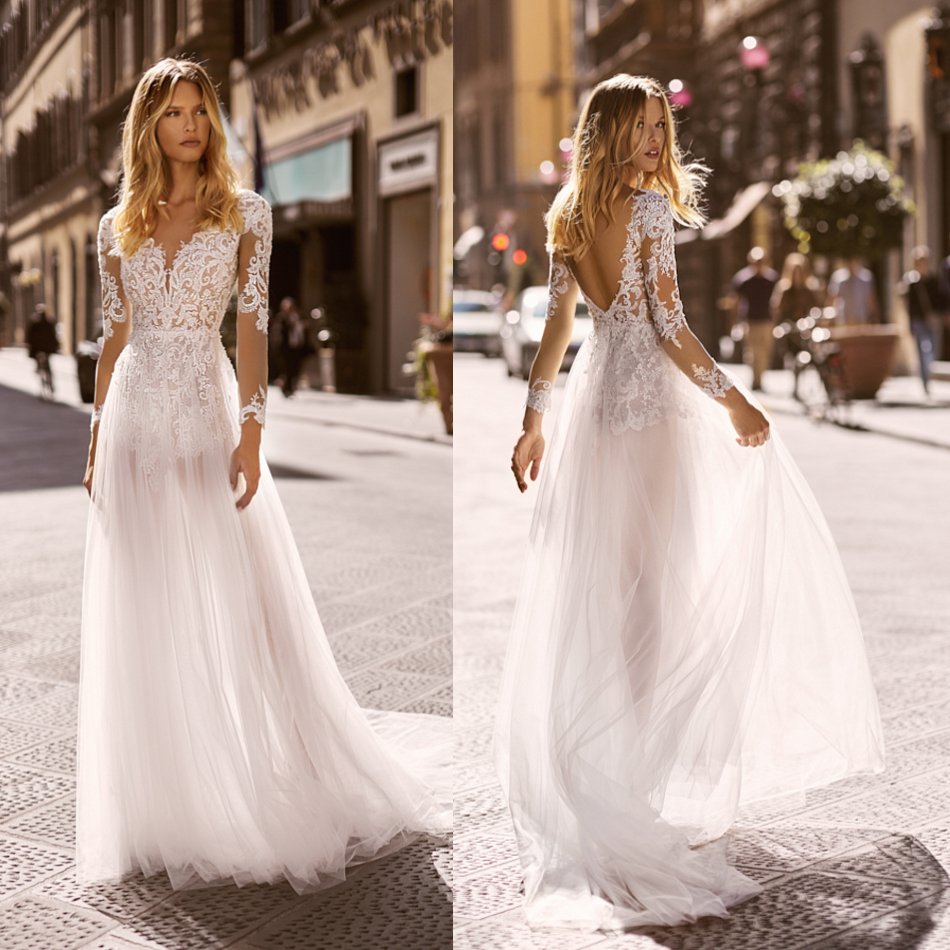long sleeve wedding dresses lace appliqued beach boho v neck tulle a line bridal gowns vestido de novia