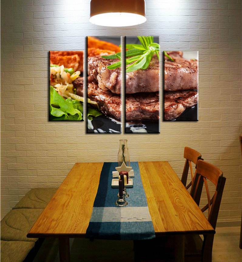 4pcs/set Unframed Steak and Vegetables Food HD Print On Canvas Wall Art Picture For Home and Living Room Decor