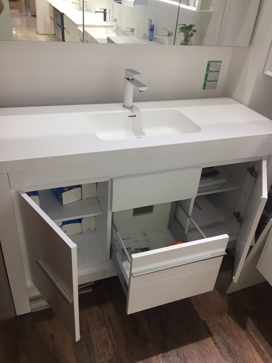 1300mm Bathroom Mirror Cabin Furniture Soft closing technique Solid Surface Stone Basin Floor Mounted Vanity 2903