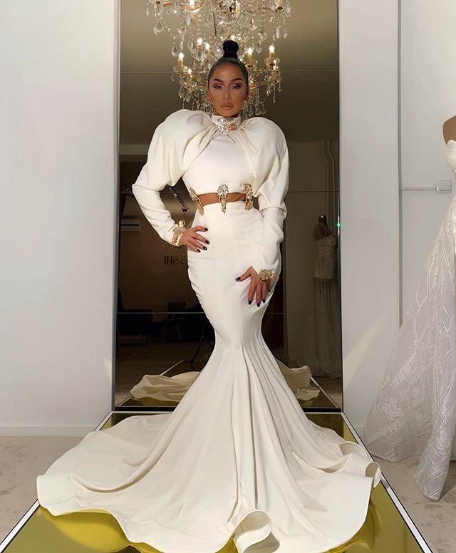 2020 Zuhair Murad Evening Dresses High Neck Crystal Ruffles Bell Long Sleeve Mermaid Prom Dress Party Wear Formal Occcasion Gowns