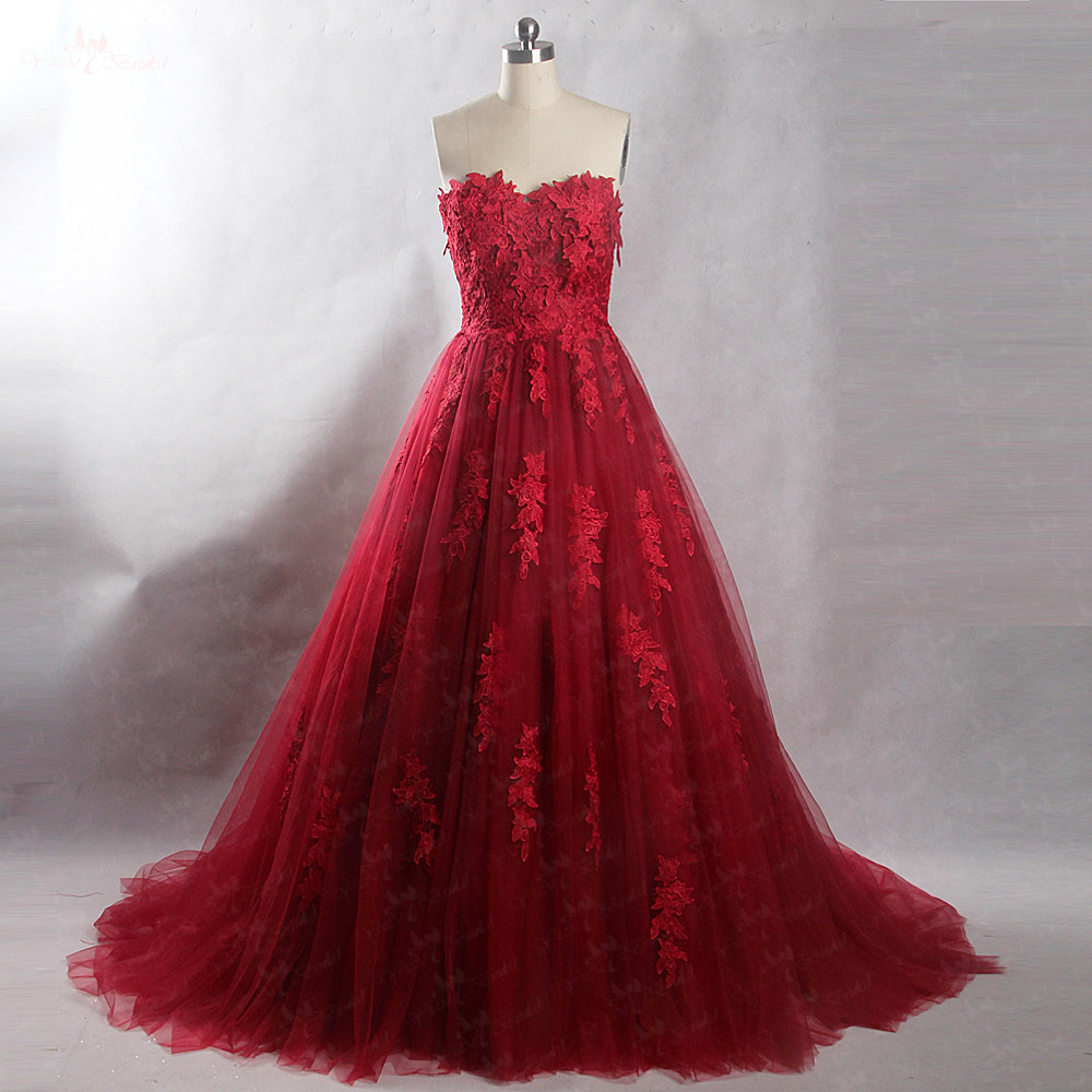 A-line Dark Red Gothic Wedding Dresses Sweetheart Buttons Back Lace Tulle Women Non White Vintage Bridal Gowns With Color
A-line Dark Red Gothic Wedding Dresses Sweetheart Buttons Back Lace Tulle Women Non White Vintage Bridal Gowns With Color